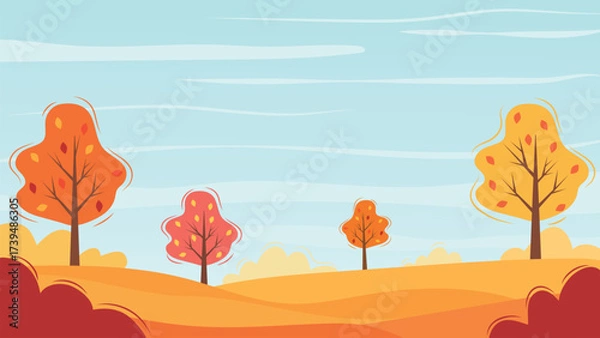 Fototapeta Autumn background with trees. Hand-drawn autumn nature. Simple autumn banner. Hello autumn - background with copy space