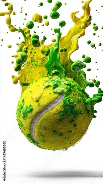Fototapeta Tennis ball splashing in vibrant green and yellow paint on white background in dynamic motion