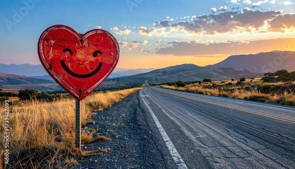 Fototapeta A stop sign on the road, shaped like a heart and painted with happiness, symbolizing joy and love along the journey