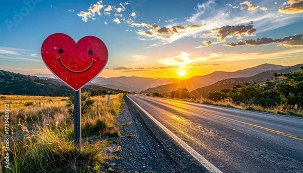 Fototapeta A stop sign on the road, shaped like a heart and painted with happiness, symbolizing joy and love along the journey