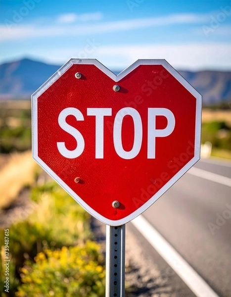 Fototapeta A stop sign on the road, shaped like a heart and painted with happiness, symbolizing joy and love along the journey