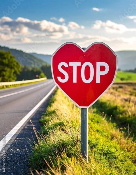 Fototapeta A stop sign on the road, shaped like a heart and painted with happiness, symbolizing joy and love along the journey