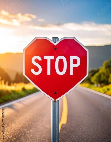Fototapeta A stop sign on the road, shaped like a heart and painted with happiness, symbolizing joy and love along the journey