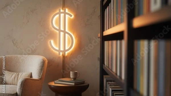 Fototapeta Cozy reading nook with dollar sign lamp and shelves of books.