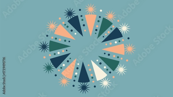 Obraz Abstract circle design with triangles stars and dots on a blue background in a retro style