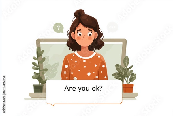Fototapeta An illustrated young woman with a friendly expression appears on a screen with a speech bubble saying Are you ok. The image represents empathy, communication, and mental health support.