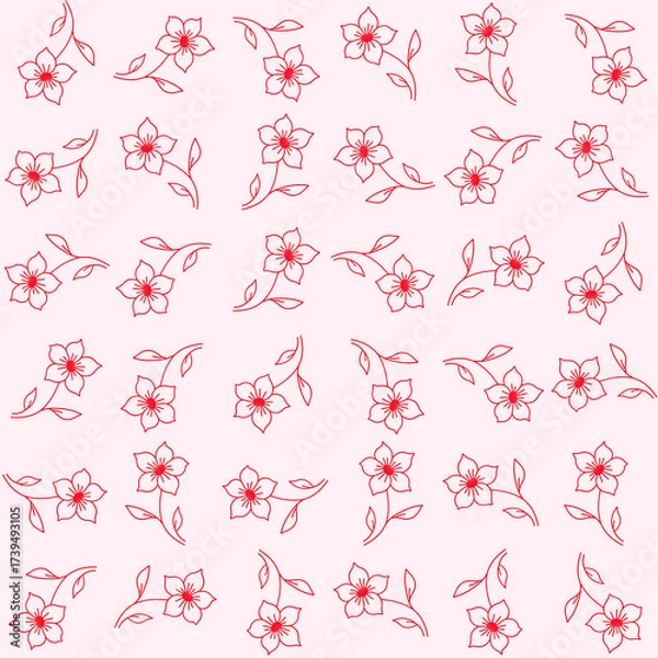 Fototapeta Red Outline Flowers Seamless Pattern.