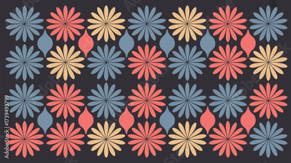 Obraz Floral pattern with blue orange and yellow flowers and teardrop shapes on a dark gray background
