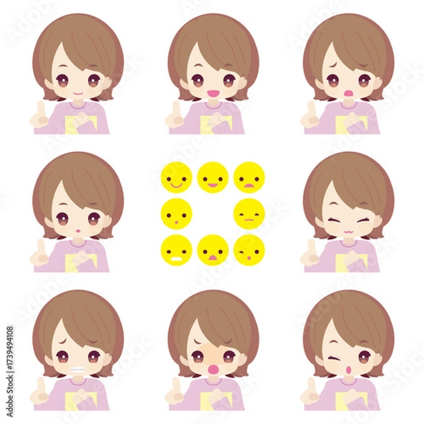 Fototapeta Illustration of a girl holding a notebook and raising her index finger to point out important information. Eight expressions available, shown in color. Useful for highlighting points in presentations,