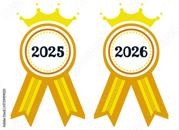 Fototapeta Black and white icon of a rosette with a crown, labeled "2025". Suitable for awards, certificates, and recognition for events or achievements in 2025 and 2026