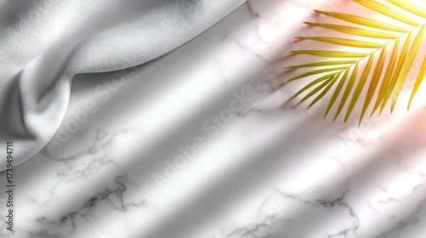 Fototapeta Spa Concept with White Towels Palm Leaf on Marble Surface
