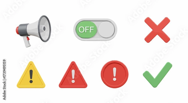 Obraz Collection of 3D Rendered Communication and Alert Icons on White Background.