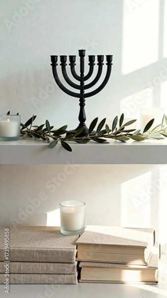 Fototapeta Black menorah placed on a shelf surrounded by candles and decorative greenery, creating a serene atmosphere with soft light filtering through, perfect for celebrating traditions and festive occasions