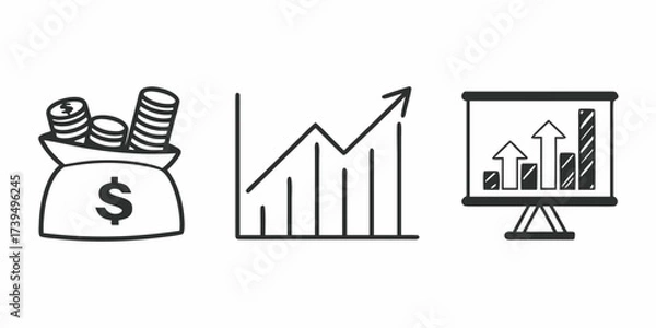 Fototapeta Illustration showing a money bag with coins, a growth chart, and a presentation with rising bars