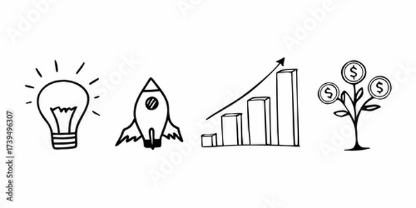Fototapeta Illustration of a lightbulb, rocket, growth chart, and money tree in black and white doodle style