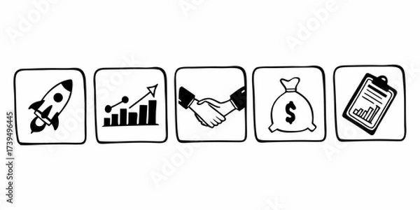 Fototapeta Doodle style icons representing business growth, startup, partnership, money, and financial analysis chart