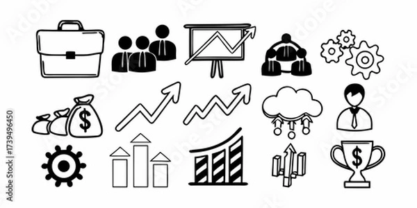 Fototapeta Illustration of business elements including briefcase, team, chart, money and trophy icon