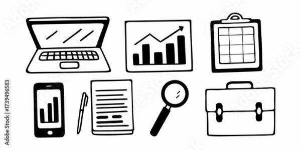 Fototapeta Illustration of business elements including a laptop chart smartphone pen documents magnifying glass and briefcase
