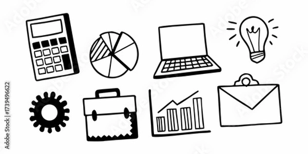 Fototapeta Doodle style icons representing business elements such as charts, laptop, and lightbulb idea icon