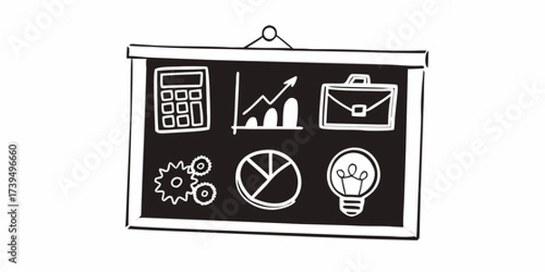Fototapeta Blackboard displaying business icons including calculator graph briefcase and lightbulb and pie chart