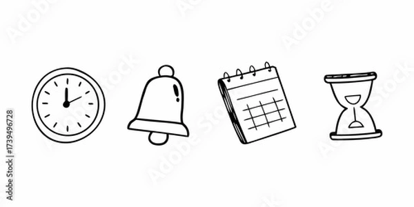 Fototapeta Doodle style illustration of a clock, bell, calendar, and hourglass in a row on a white background