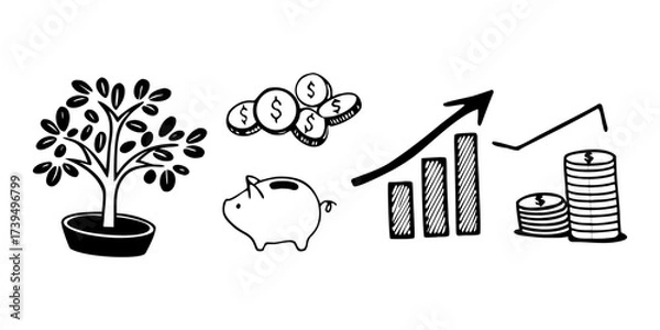 Fototapeta Illustration of a money tree, coins, piggy bank, and a rising bar graph indicating financial growth