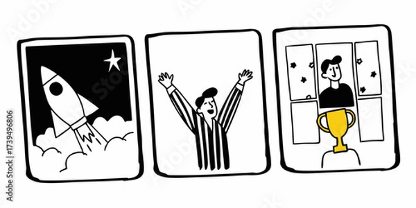 Fototapeta Three framed images depicting a rocket launch, a person cheering, and a person with a trophy award