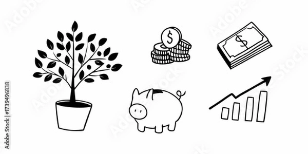 Fototapeta Illustration showing a money tree coins piggy bank cash and a rising graph in black and white style