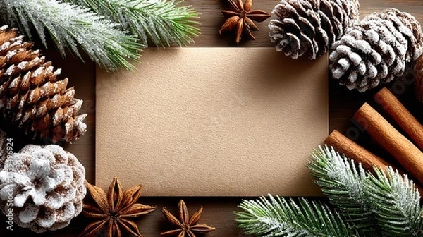 Fototapeta Rustic Holiday Greeting Card with Pine Cones and Spices