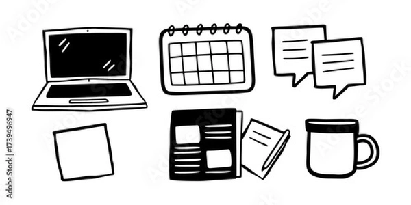 Fototapeta Doodle style office desk with laptop calendar speech bubbles notes newspaper and coffee mug illustration