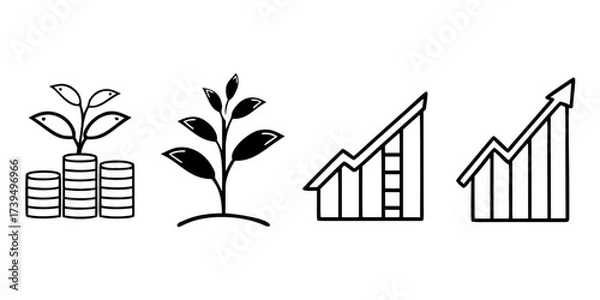 Fototapeta Illustration showing plant growing on coins, sapling, and two rising bar graphs in black and white outline