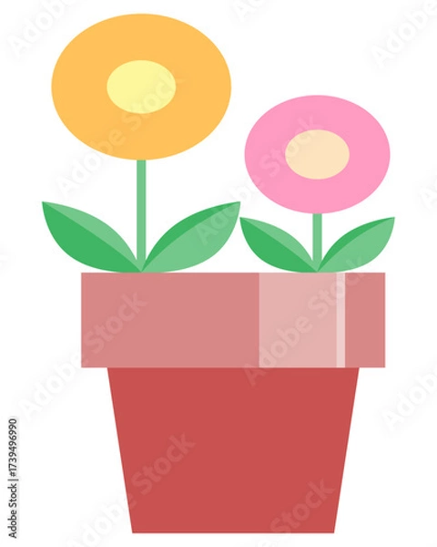 Fototapeta Illustration of a potted plant with two round flowers, shown in color. Suitable for flower bed guides, kindergarten signs, gardening, and spring decoration.