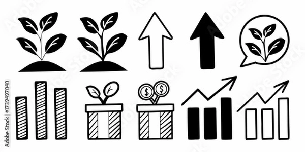 Fototapeta Illustration of plants growing with upward arrows and rising bar charts symbolizing growth and success
