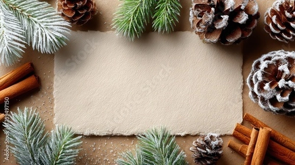 Fototapeta Rustic Holiday Greeting Card with Pine Cones and Spices