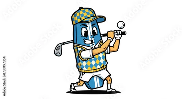 Fototapeta Whimsical golf character swinging club with checkered hat ready to tee off with style