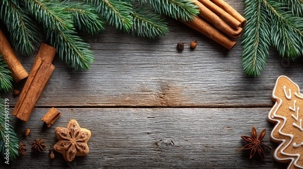 Fototapeta Bundled Cinnamon Sticks with Pine Branches and Cookies