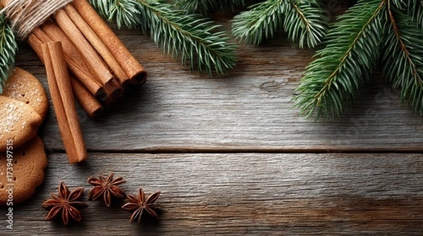 Fototapeta Bundled Cinnamon Sticks with Pine Branches and Cookies