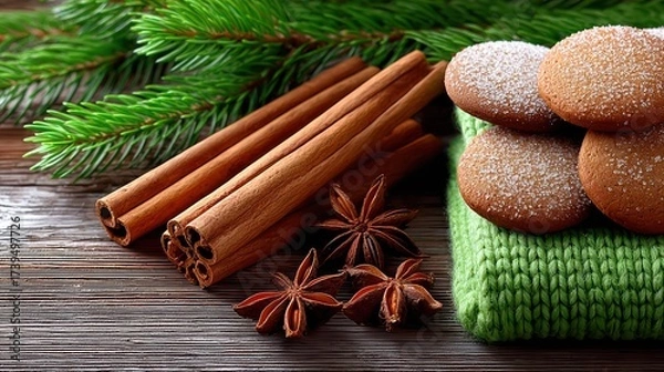 Fototapeta Festive Christmas Cookies with Spices and Pine Branches