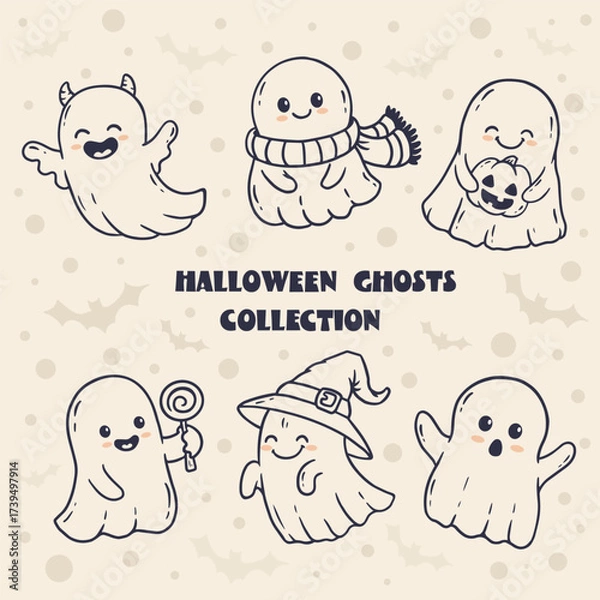 Fototapeta set of cute halloween ghosts. Collection ghost in doodle style. Vector illustration