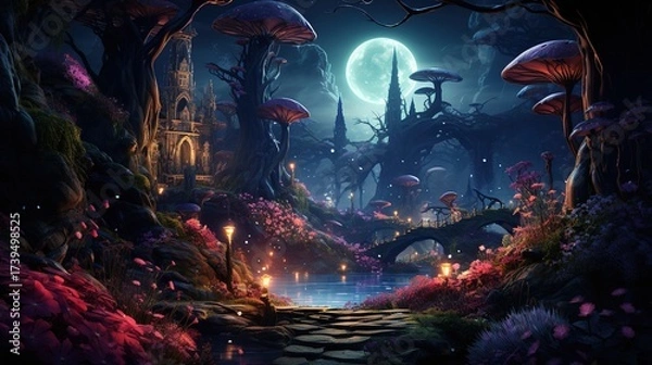 Fototapeta Enchanted Ethereal Forest Pathway Illuminated by Lanterns Beneath a Mystical Full Moon