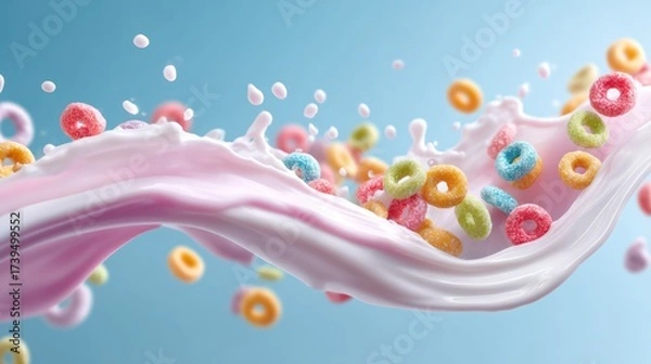 Fototapeta Colorful Cereal Rings Splashing in Milk with Rainbow Background