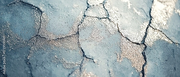 Fototapeta Cracked gray clay surface sprinkled with silver glitter. Abstract earthy background for design textures and modern styling visuals.