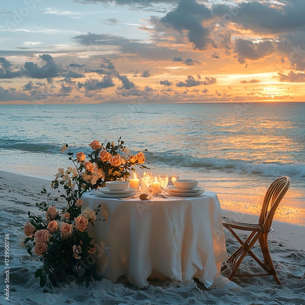 Fototapeta A table setting for romantic dinner on a beach with waves in the background, featuring candles, flowers, plates, and glasses. The scene is set during sunset with a colorful sky. Wedding ads, honeynoon
