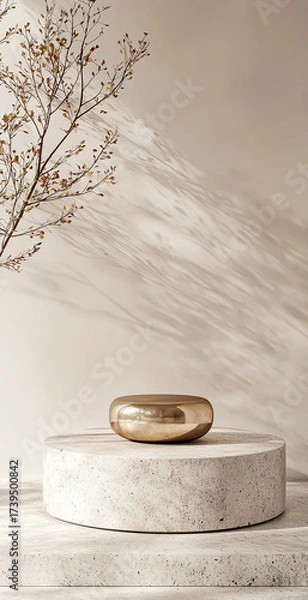 Fototapeta  3D display podium featuring golden accents and stone textures under soft natural light with realistic shadows. product mockups, luxury branding, and minimalist presentations.