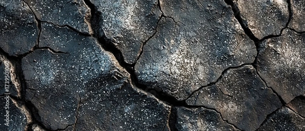Fototapeta  Macro shot of black cracked volcanic clay with shiny reflection and natural texture. Dramatic organic surface for backgrounds, mockups, beauty or spa product presentation.