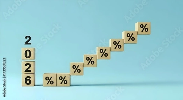 Fototapeta Rising interest rates in 2026, wallpaper, represented by stacked blocks with percentage signs and the year "2026" Financial forecasts, economic projections
