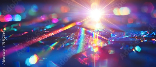 Fototapeta Abstract rainbow prism light effect with shimmering bokeh and crystal refraction. Vibrant creative background for design, technology, and advertising visuals.