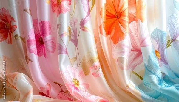 Fototapeta Silk curtains with surreal botanical prints, pastel colors, and abstract floral shapes, top-down view
