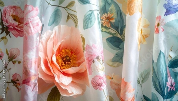 Fototapeta Silk curtains with surreal botanical prints, pastel colors, and abstract floral shapes, top-down view