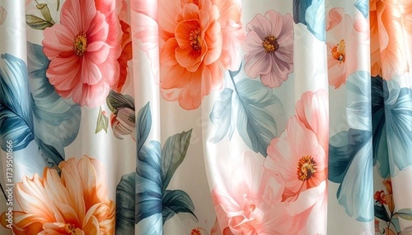 Fototapeta Silk curtains with surreal botanical prints, pastel colors, and abstract floral shapes, top-down view